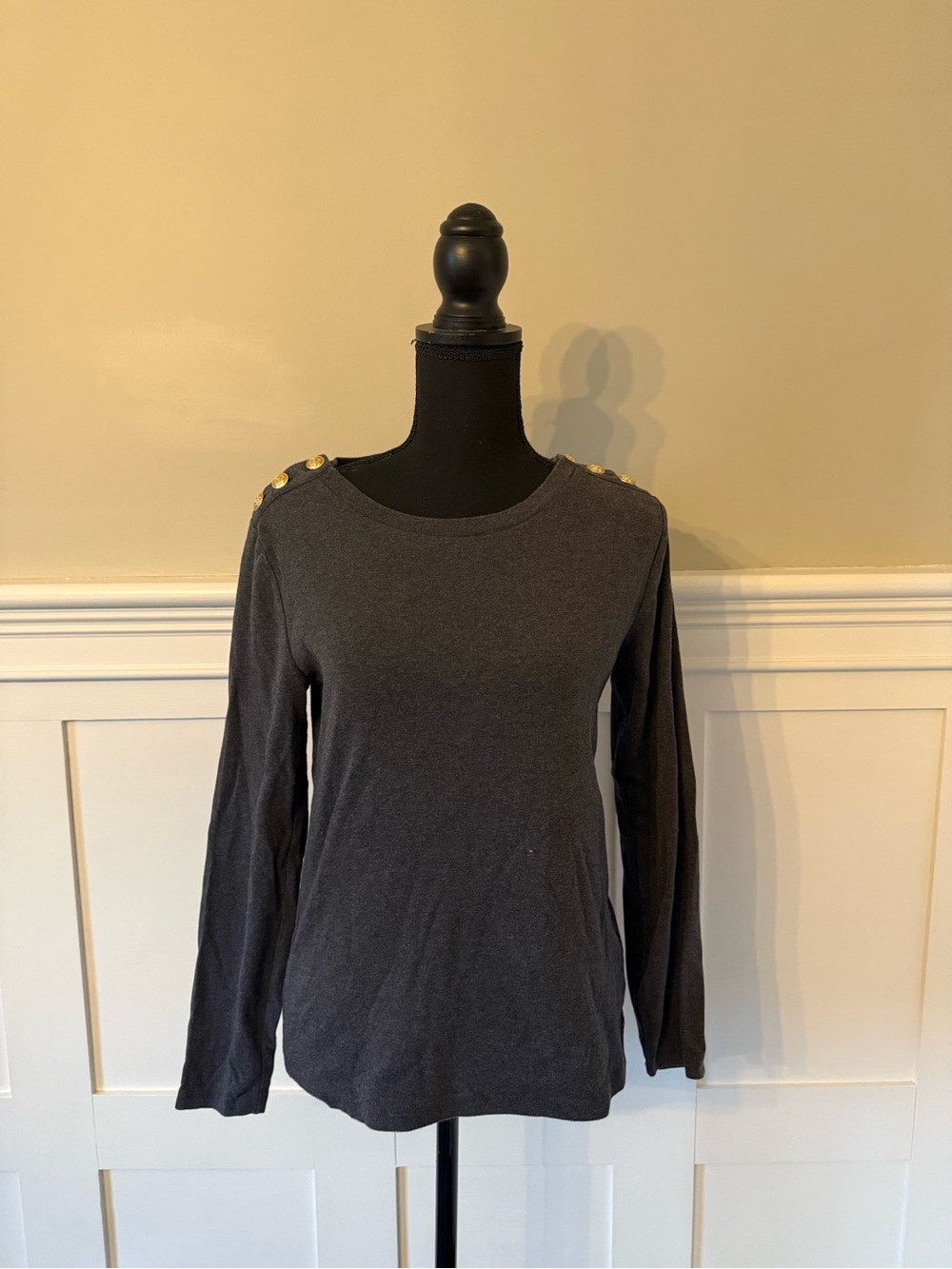 J. Crew Charcoal Perfect Fit Long-Sleeve Tee with Gold Shoulder Buttons